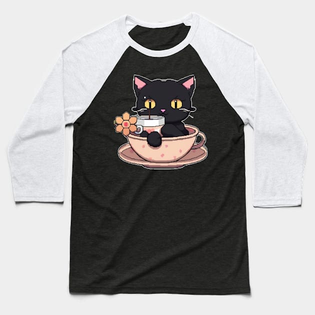 cute pixelated black cat in a cup Baseball T-Shirt by cloudviewv2